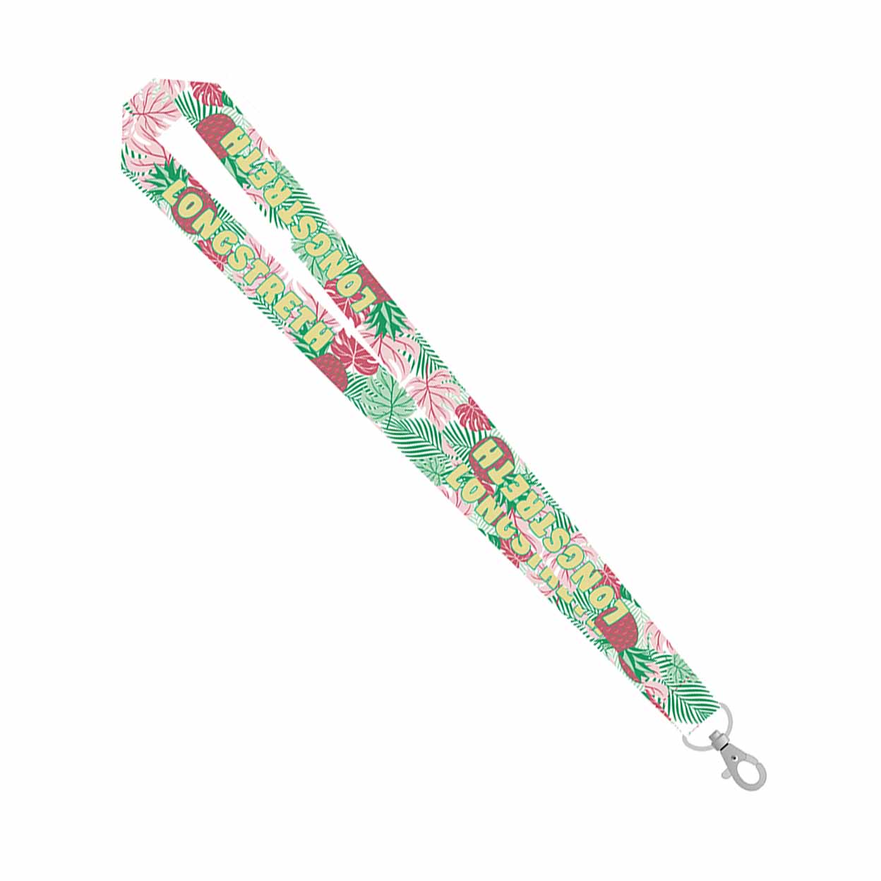 Colorful lanyard with floral design on a white background