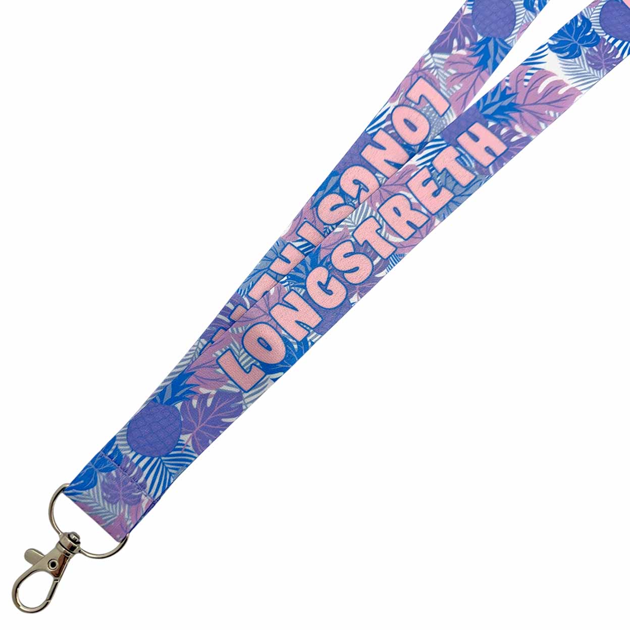 A fabric lanyard strap with a tropical leaf pattern in shades of blue, purple, and pink, featuring the text 'LONGSTRETH' in light pink. The strap is shown diagonally with a silver metal lobster clasp at the bottom left, set against a plain white background.