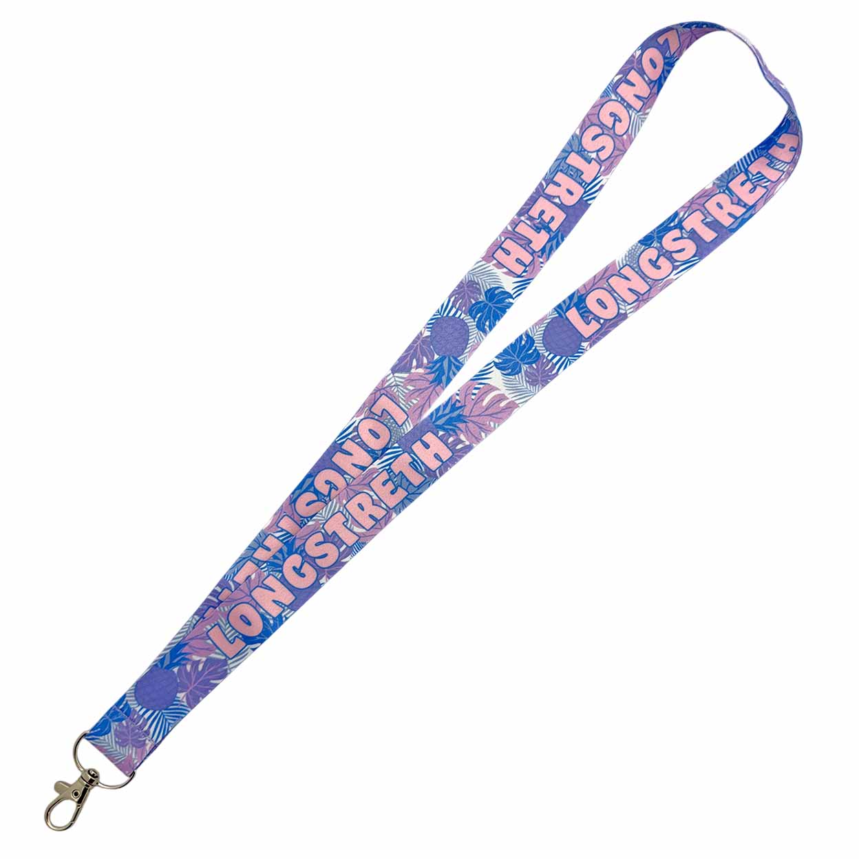 A fabric lanyard strap with a tropical floral pattern in shades of purple, blue, and pink, featuring the text 'LONGSTREETH' printed repeatedly in light pink. The strap is shown diagonally on a plain white background with a silver metal lobster clasp at one end.