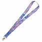 A fabric lanyard strap with a tropical floral pattern in shades of purple, blue, and pink, featuring the text 'LONGSTREETH' printed repeatedly in light pink. The strap is shown diagonally on a plain white background with a silver metal lobster clasp at one end.