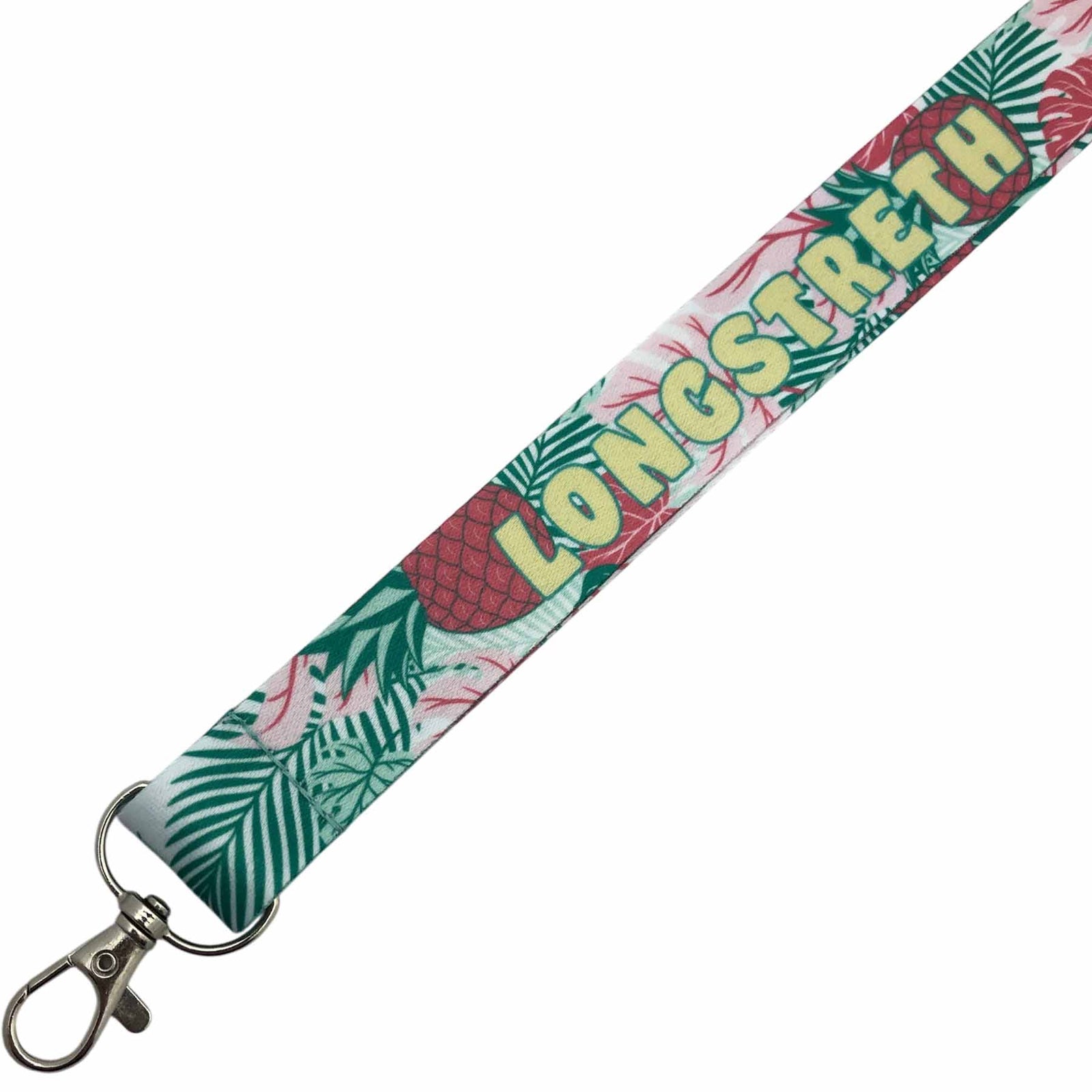 Lanyard with tropical design and 'LONGSTRETH' text on a white background