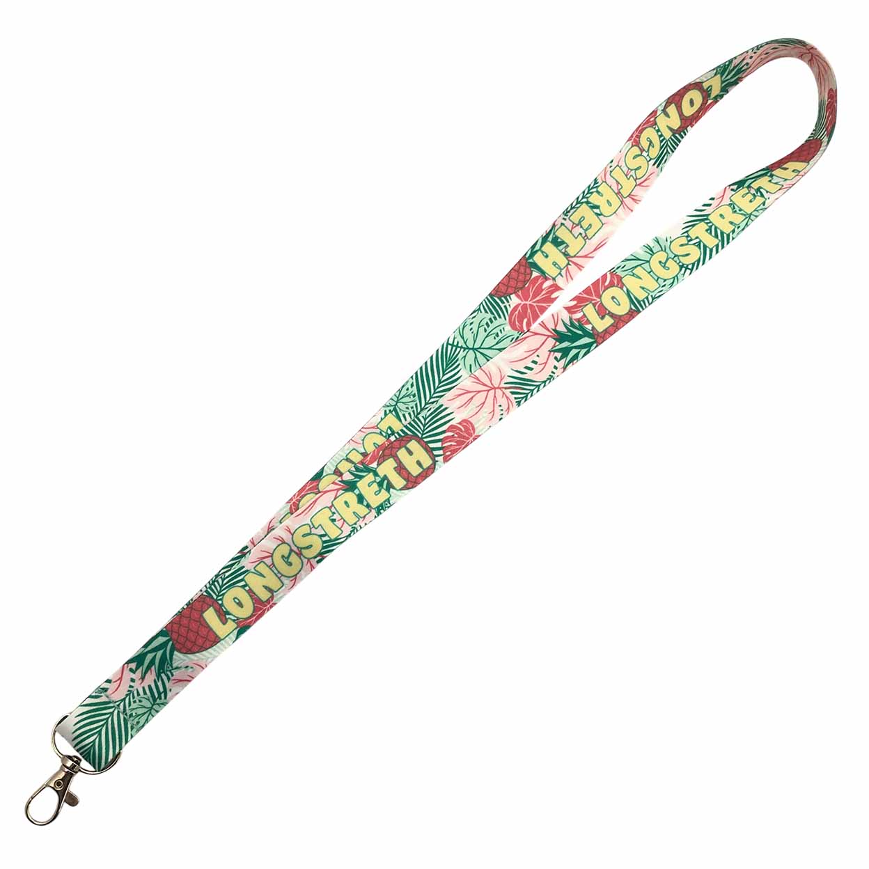 Lanyard with floral design and text on a white background