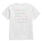 back of this white tee features crossed field hockey sticks in pastel rainbow colors in five rows of five