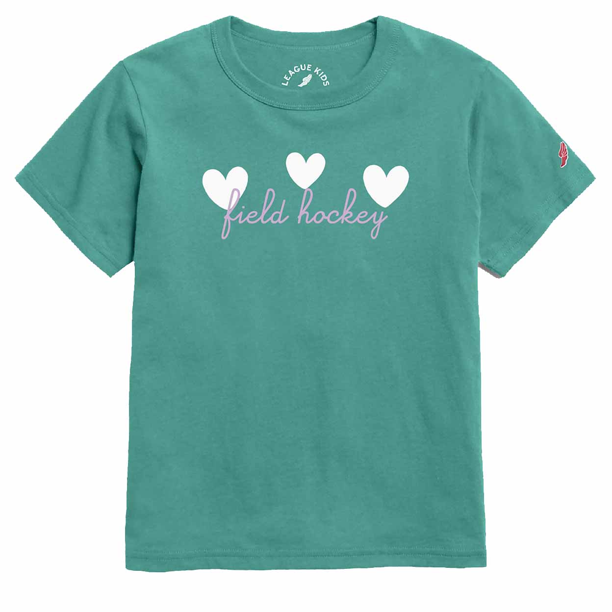 Teal youth T-shirt with three white hearts across the chest and the words 'field hockey' in pink script below the center heart.