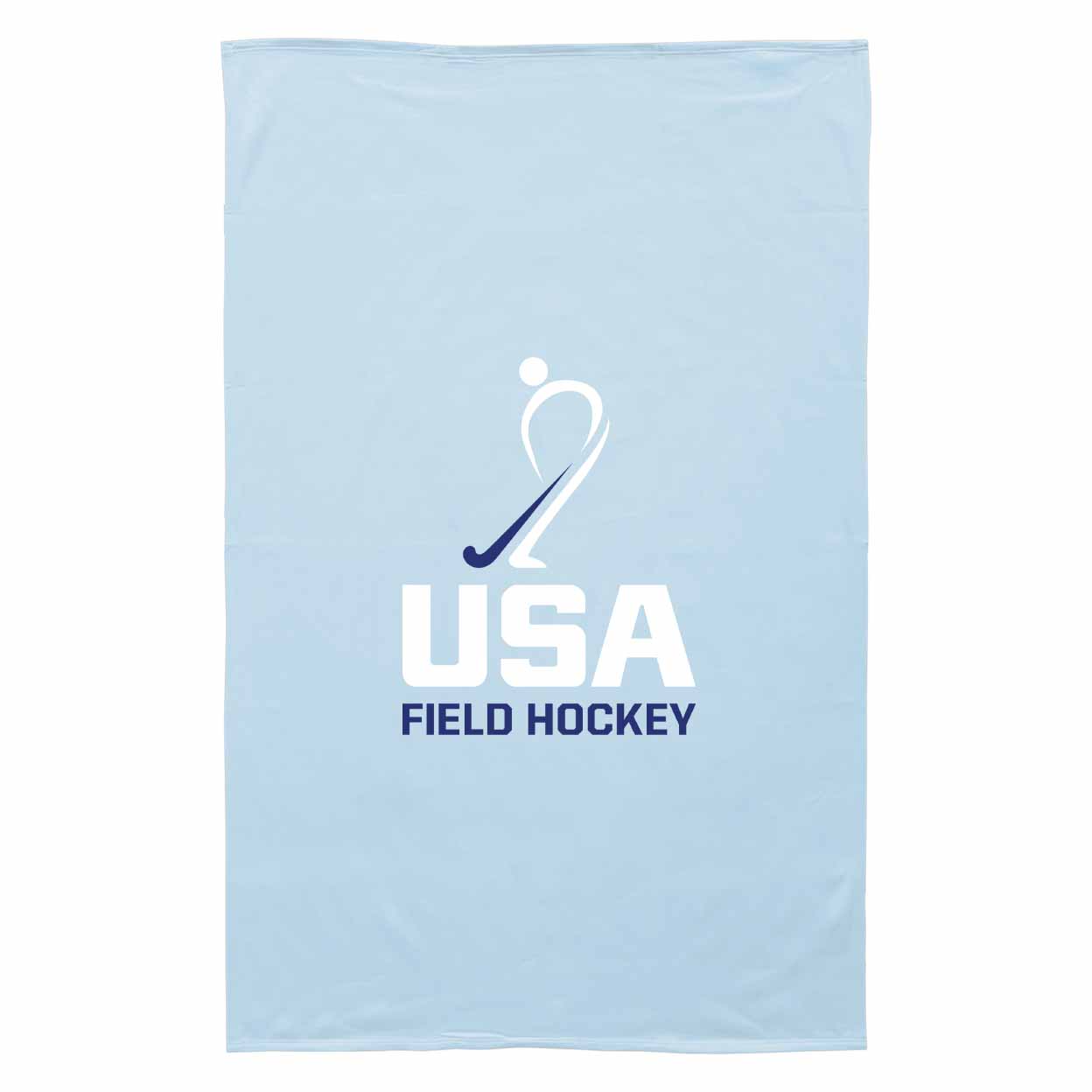 A light blue rectangular blanket featuring the USA Field Hockey logo in white and navy blue, displayed flat against a white background.