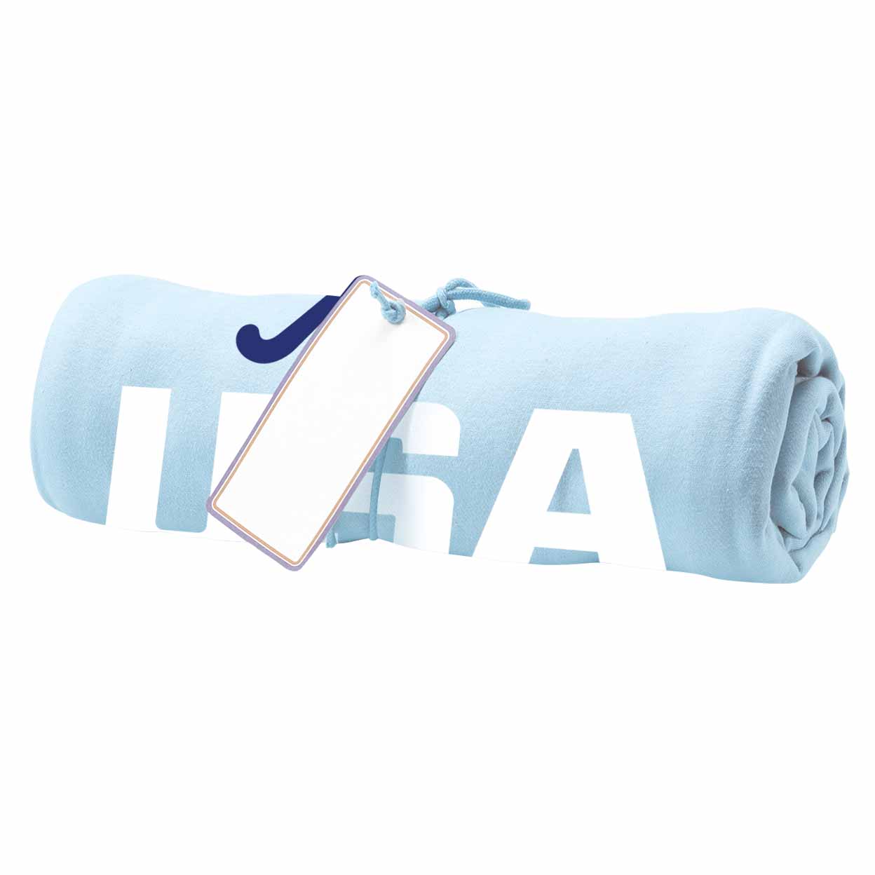 A light blue rolled blanket featuring a large white 'USA' graphic and a navy blue emblem, with a blank white paper tag attached by a blue string, on a solid white background.