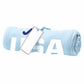 A light blue rolled blanket featuring a large white 'USA' graphic and a navy blue emblem, with a blank white paper tag attached by a blue string, on a solid white background.