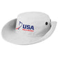 White USA Field Hockey Boonie Hat with the sides rolled up and snapped to the hat.