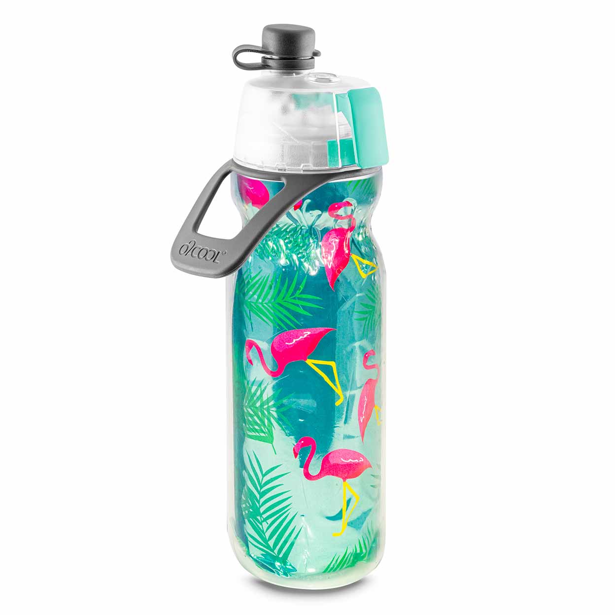O2 Cool Mist N Sip Water Bottle with a pink flamingo and palm leaf design on an aqua background.