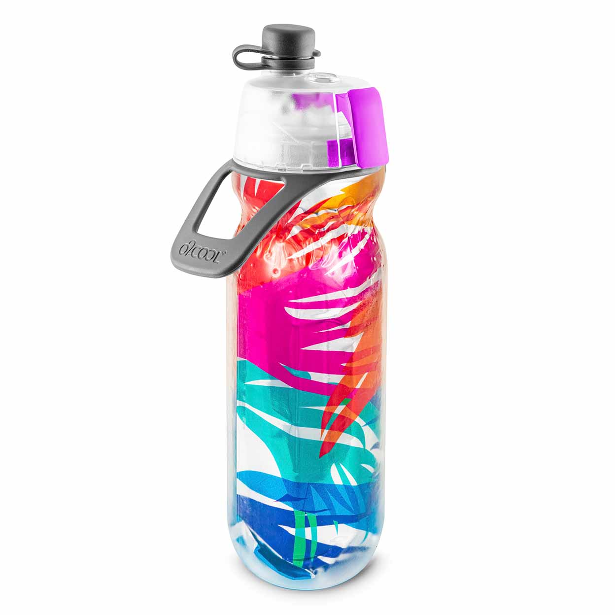 A rainbow of colored tropical leaves on the O2 Cool Mist N Sip Water Bottle