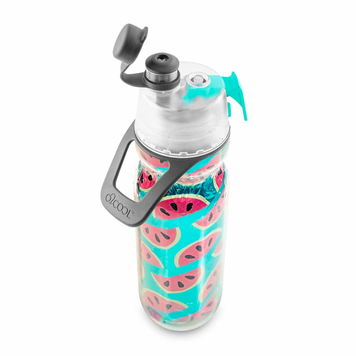 Watermelon patterned O2 Cool Mist N Sip Water Bottle with the top open