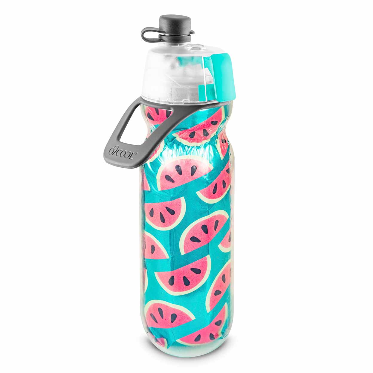 O2 Cool Mist N Sip Water Bottle with a water melon design on a blue background