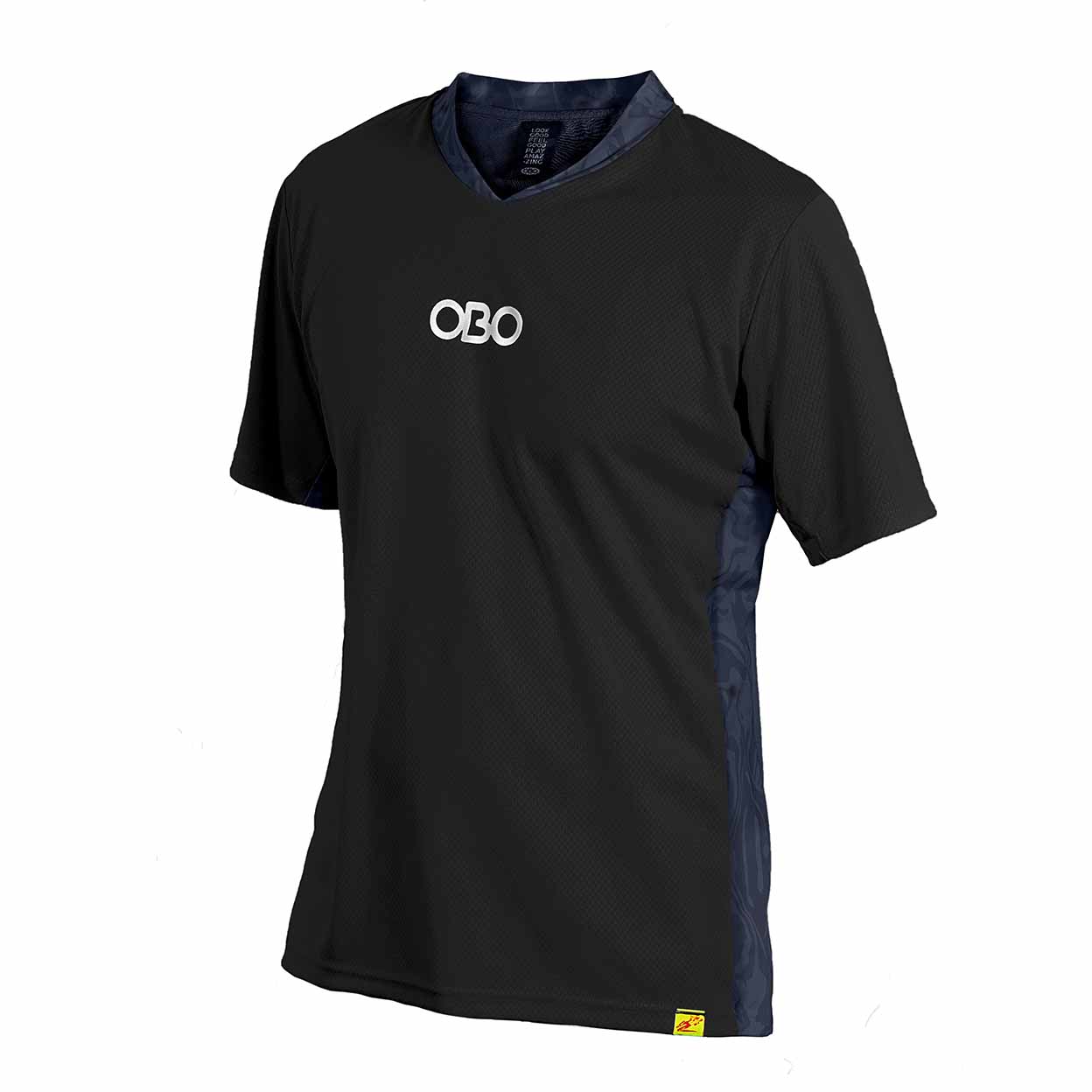 Black t-shirt with 'OBO' logo on a white background