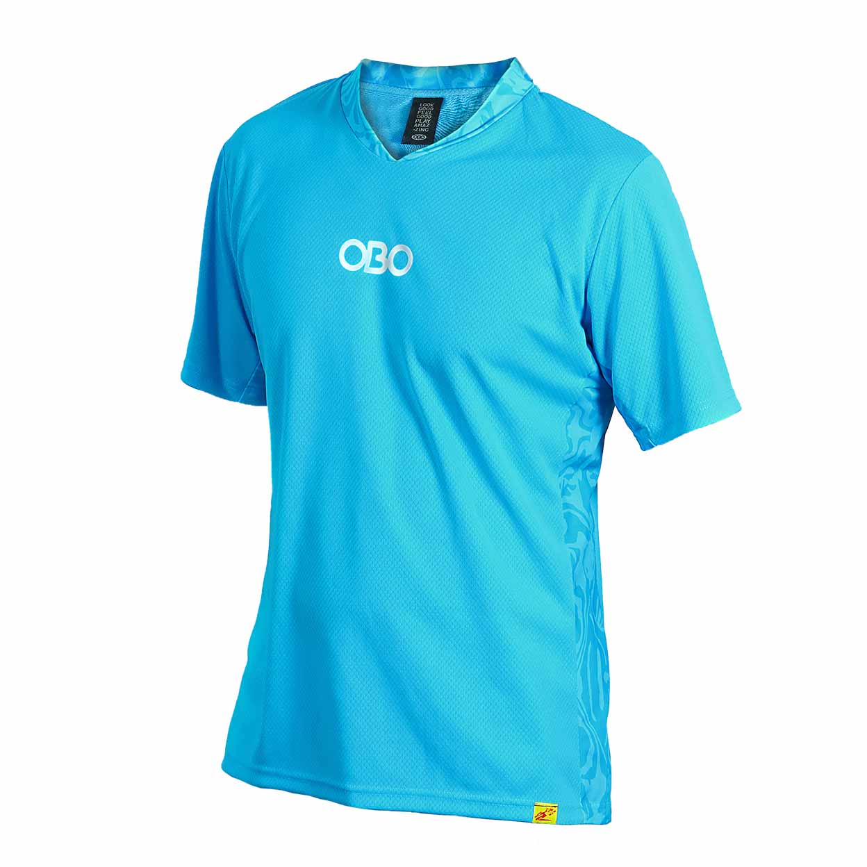 Blue sports jersey with 'OBO' logo on a white background
