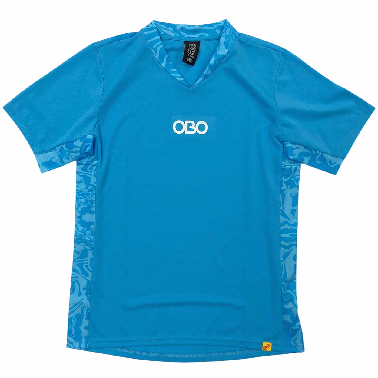 Blue sports jersey with 'OBO' logo on a white background