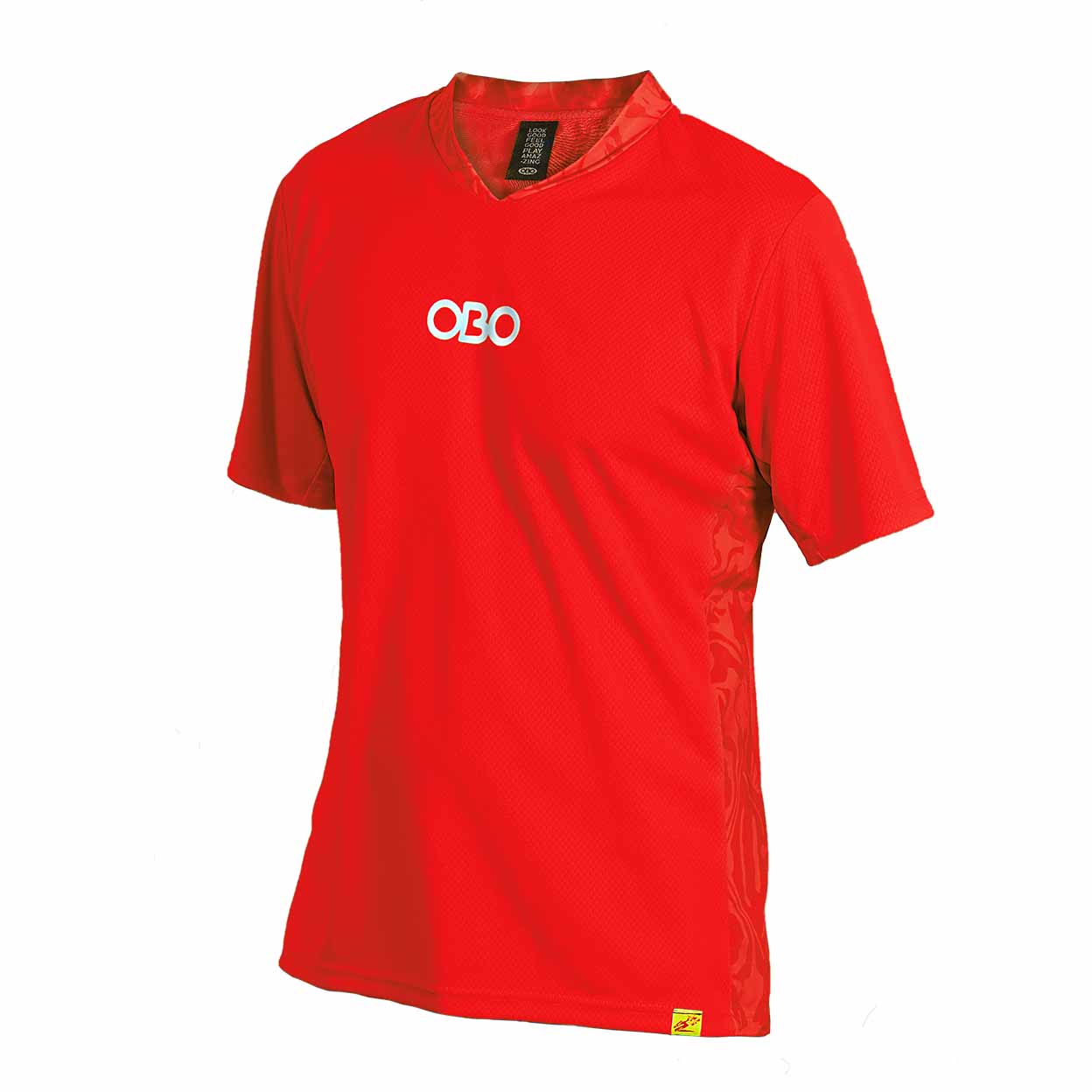 Red sports jersey with 'OBO' logo on a white background