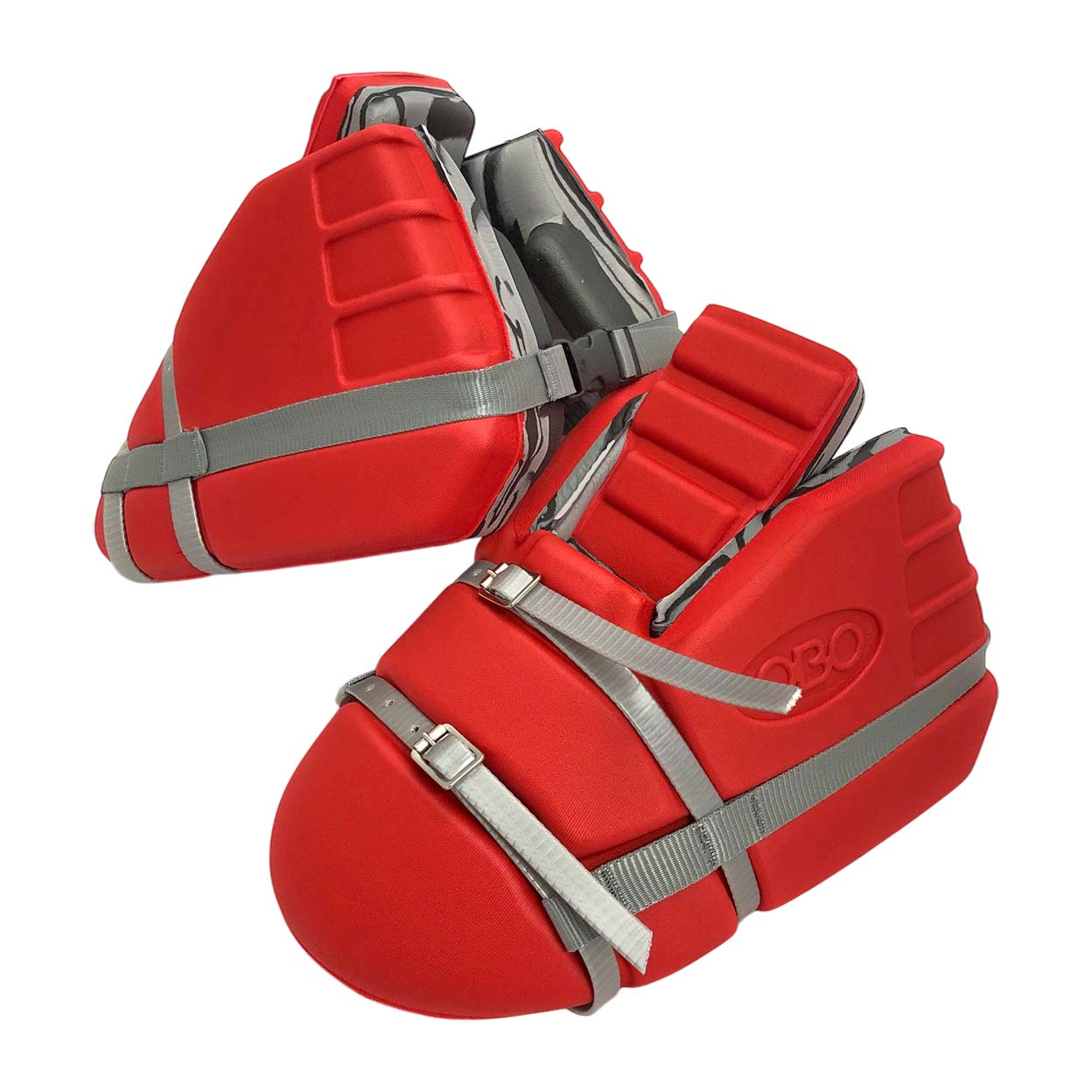 Pair of red OBO Robo Mini Kickers one angled on top of the other.