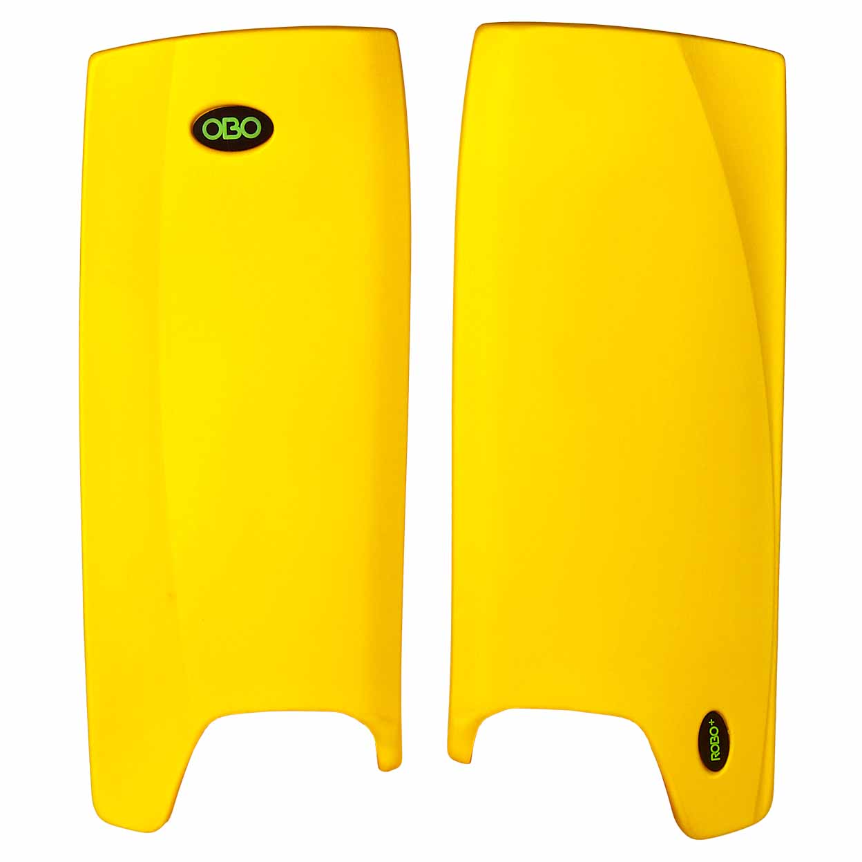 Pair of yellow OBO leg guards on a white background