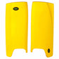 Pair of yellow OBO leg guards on a white background