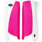 Pair of pink and white leg guards with OBO logo on a white background