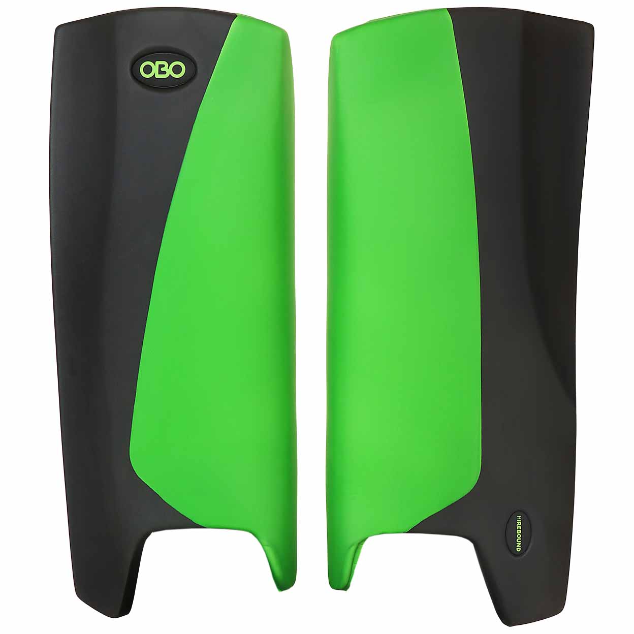 Pair of green and black leg guards with OBO branding on a white background