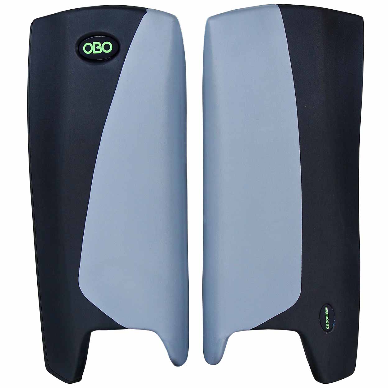 Pair of black and gray leg guards with OBO logo on a white background