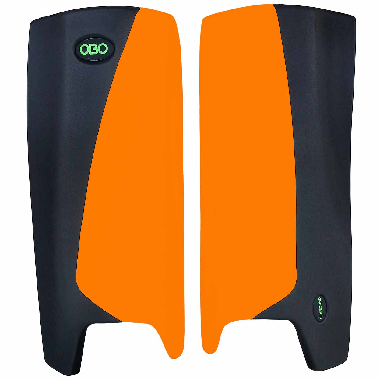 Orange and black leg guards with OBO logo on a white background