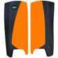 Orange and black leg guards with OBO logo on a white background