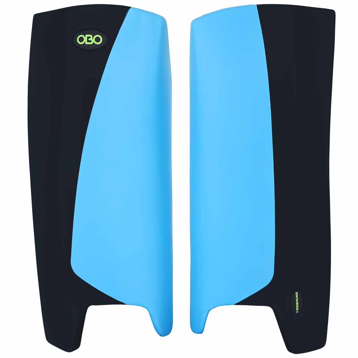 Pair of blue and black leg guards with OBO branding on a white background