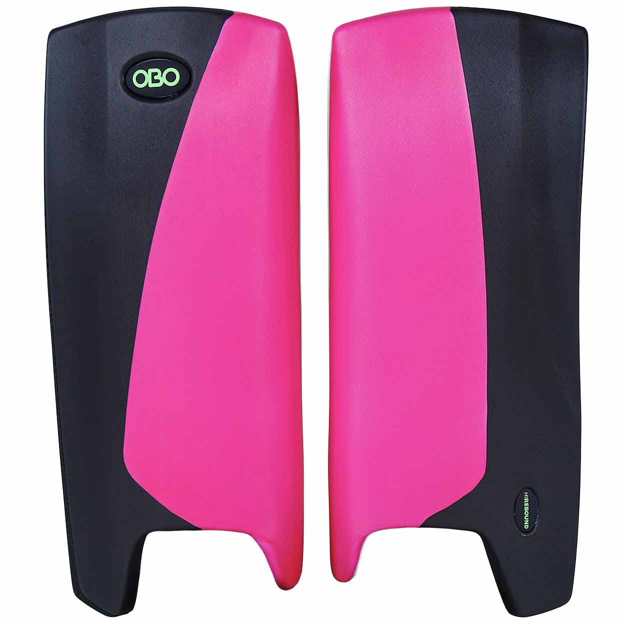Pair of pink and black leg pads with OBO logo on a white background