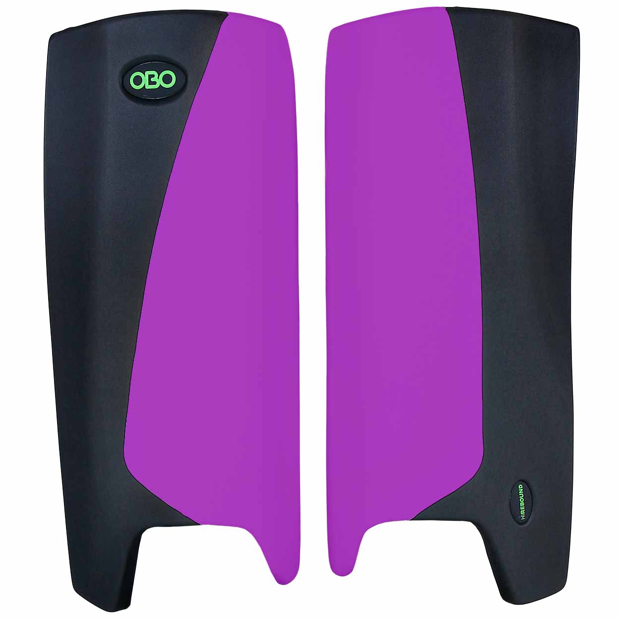 Purple and black leg guards with OBO logo on a white background