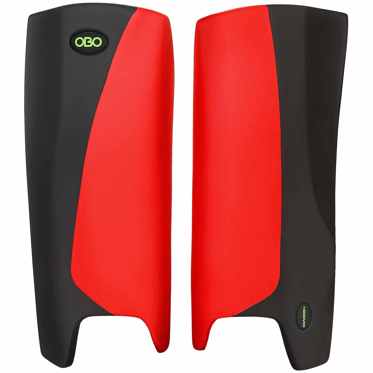 Red and black leg guards with OBO logo on a white background