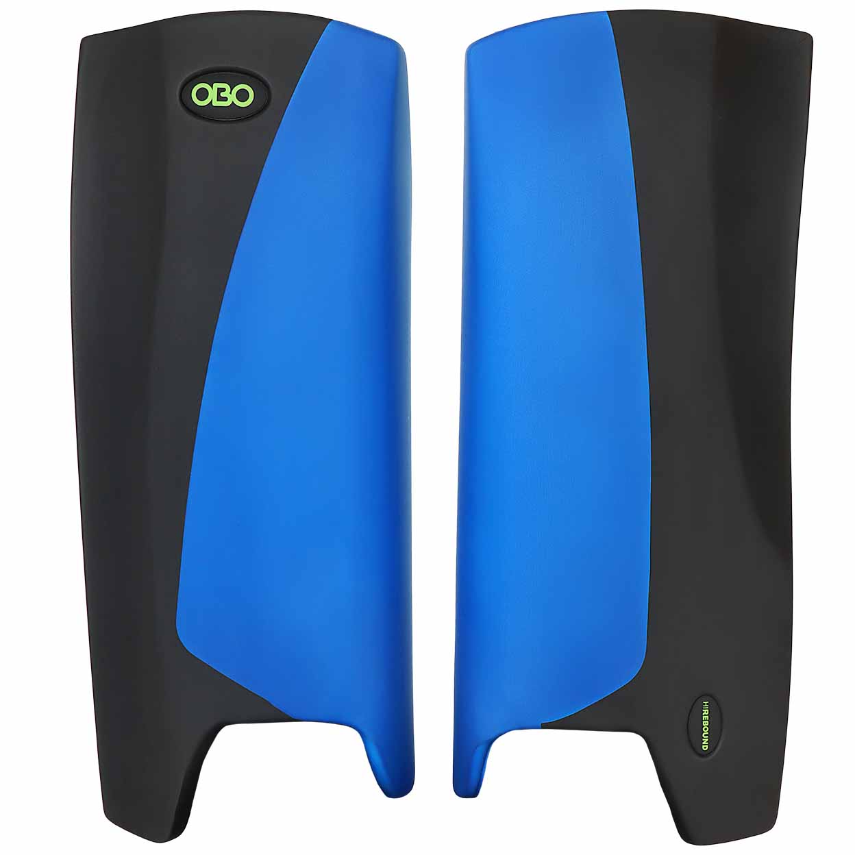 Pair of blue and black leg guards with OBO branding on a white background