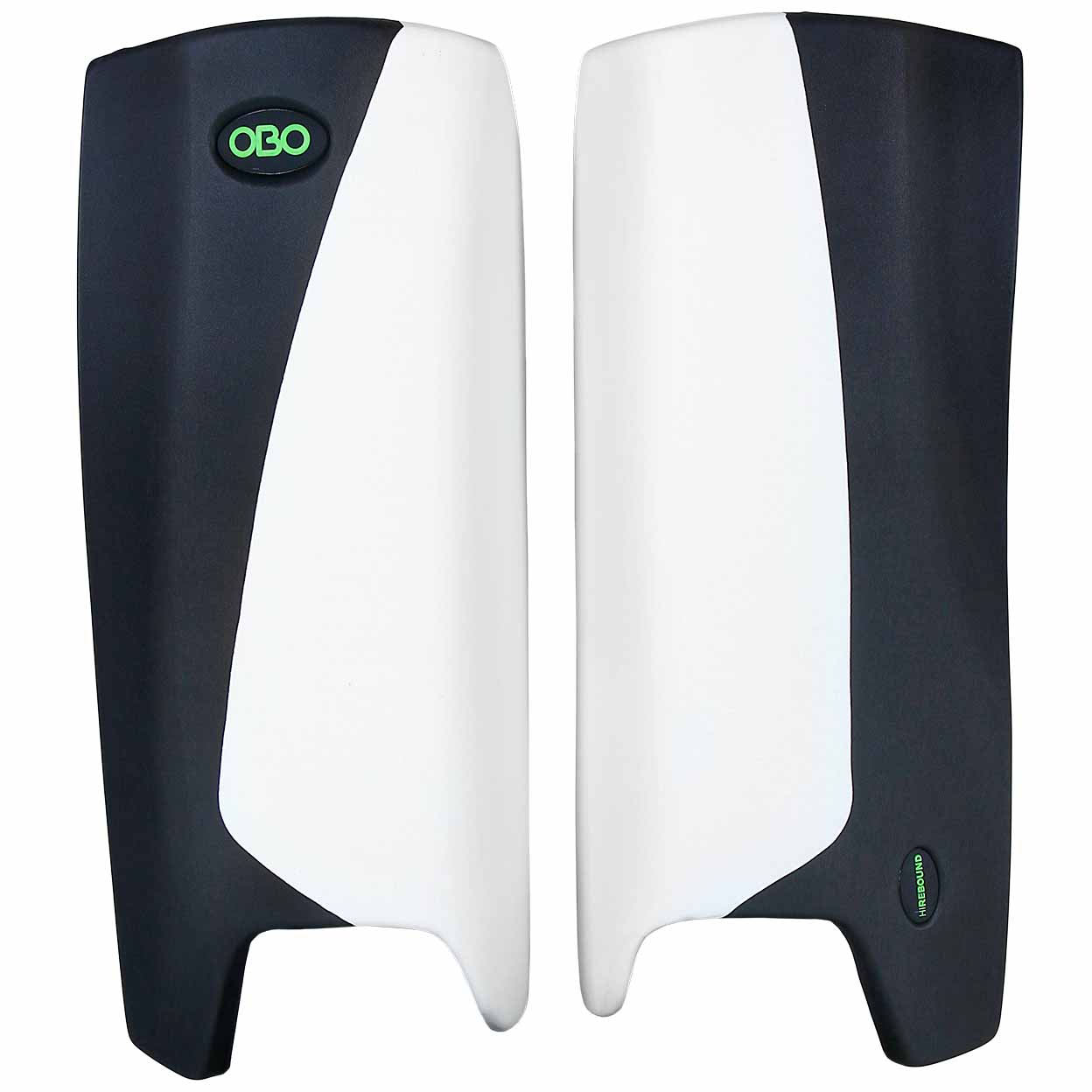 Pair of black and white hockey leg pads with OBO logo on a white background