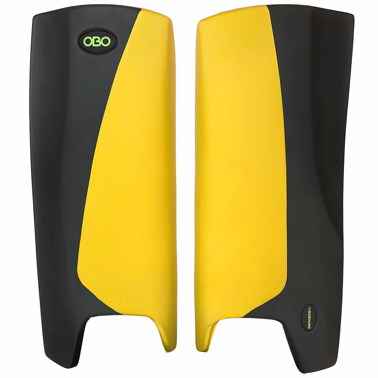 Pair of black and yellow leg guards with OBO branding on a white background