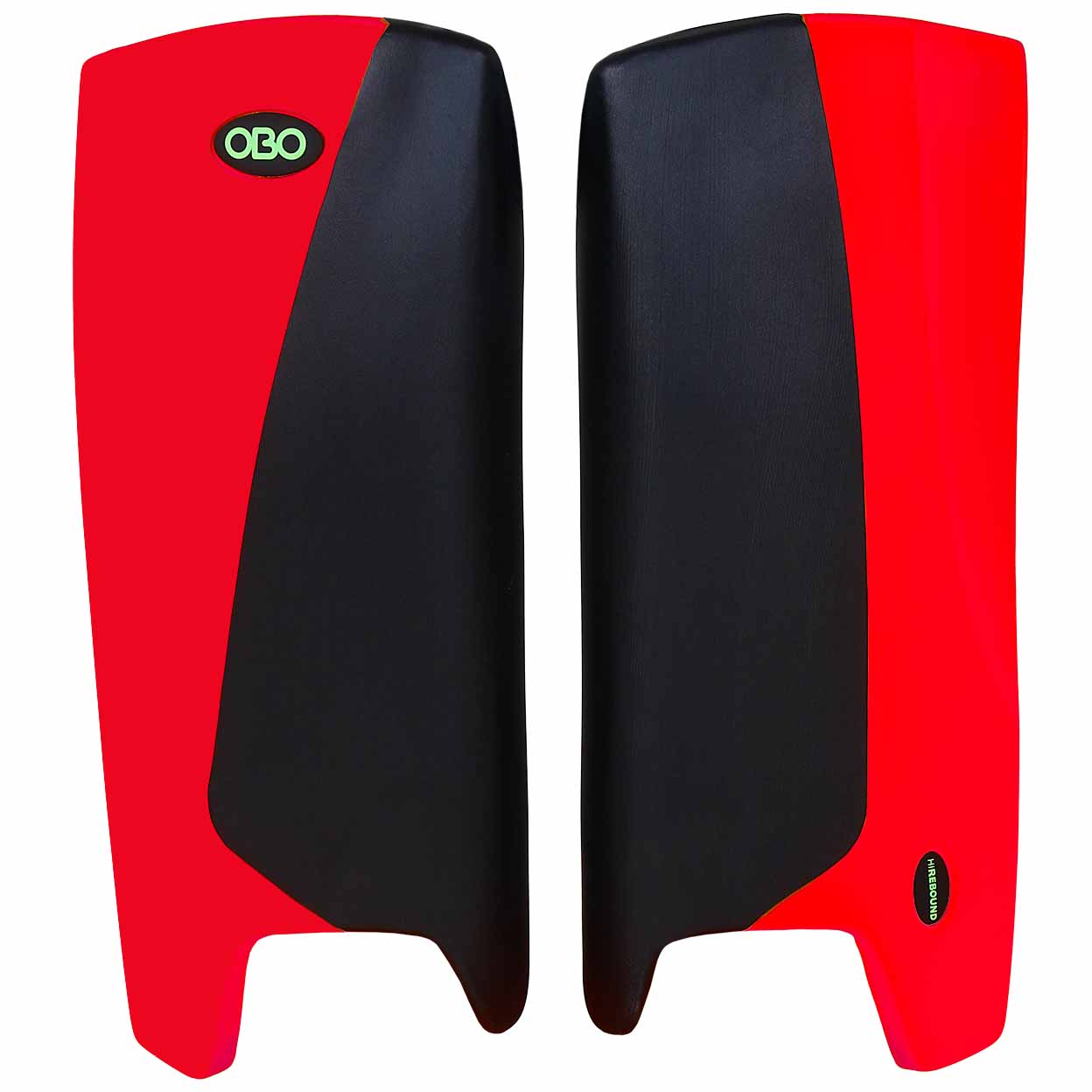 Red and black leg guards with OBO logo on a white background