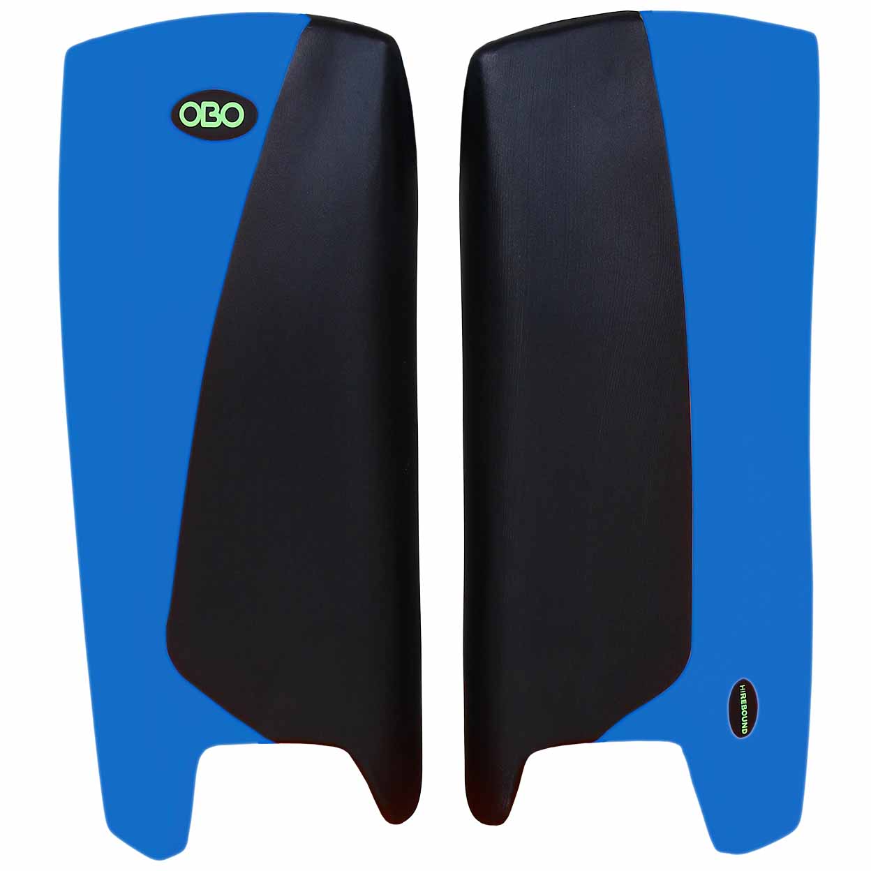 Pair of blue and black leg guards with OBO logo on a white background