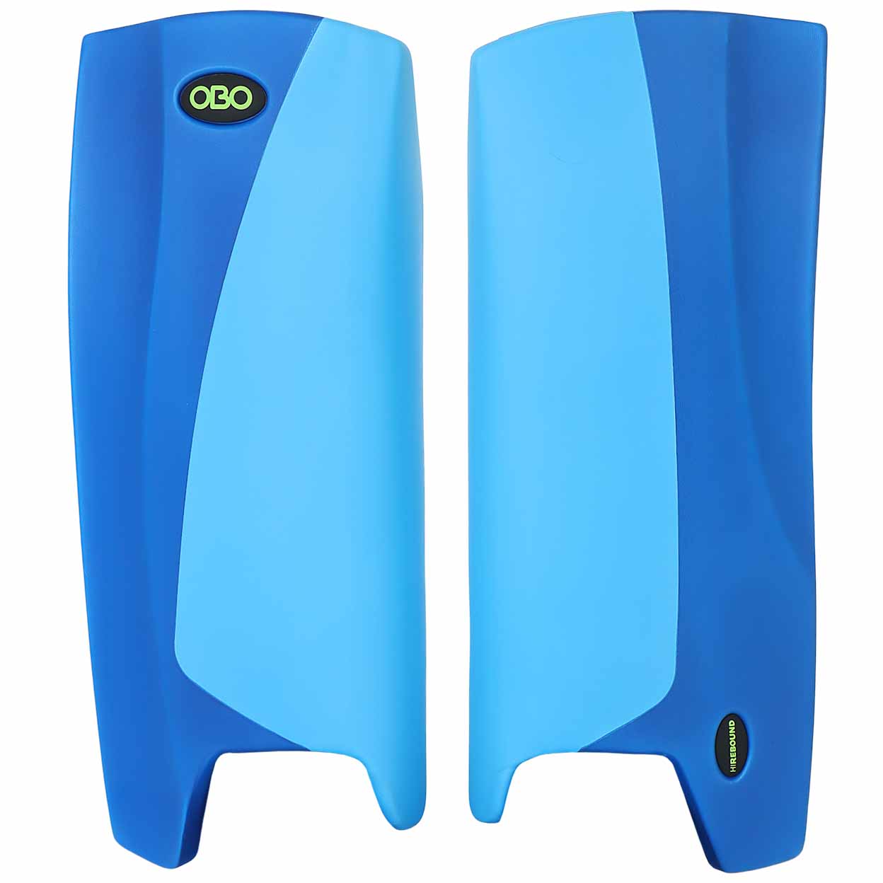 Pair of blue leg guards with OBO logo on a white background