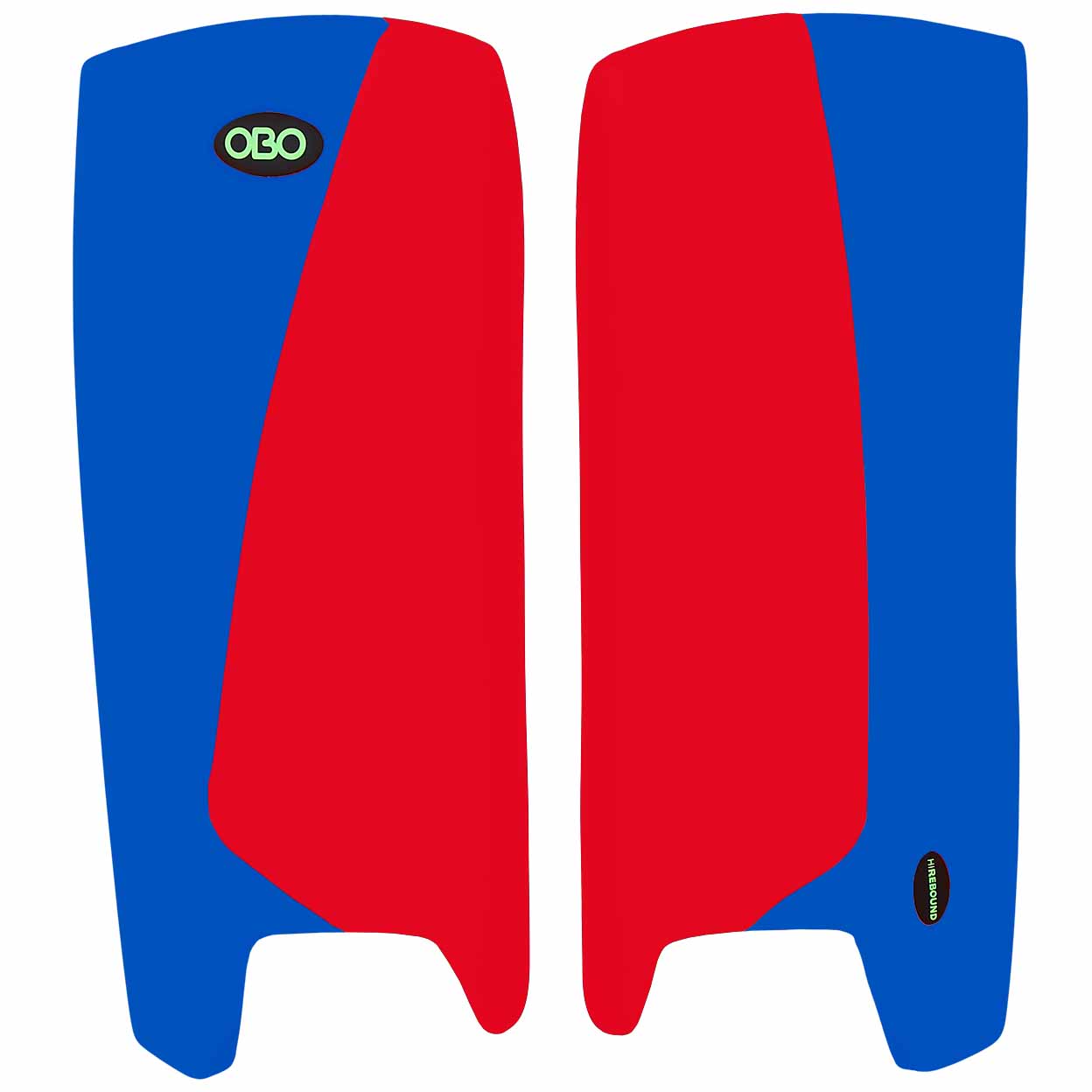 Red and blue leg guards with OBO logo on a white background