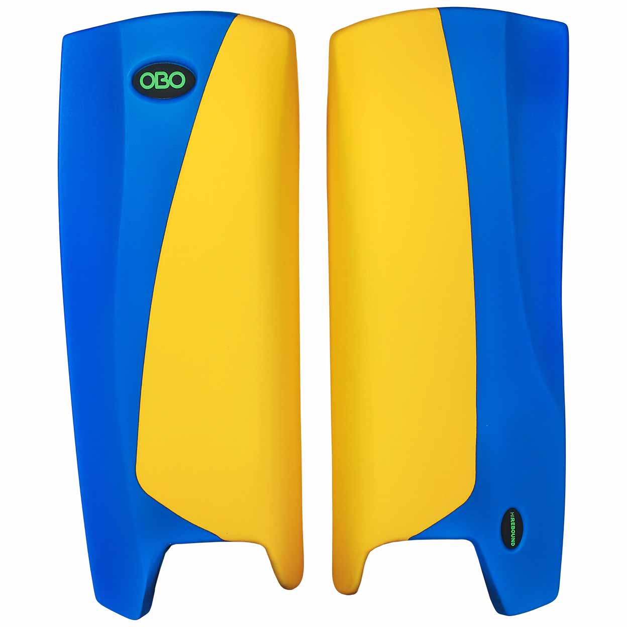 Pair of blue and yellow leg pads with OBO logo on a white background
