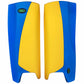 Pair of blue and yellow leg pads with OBO logo on a white background