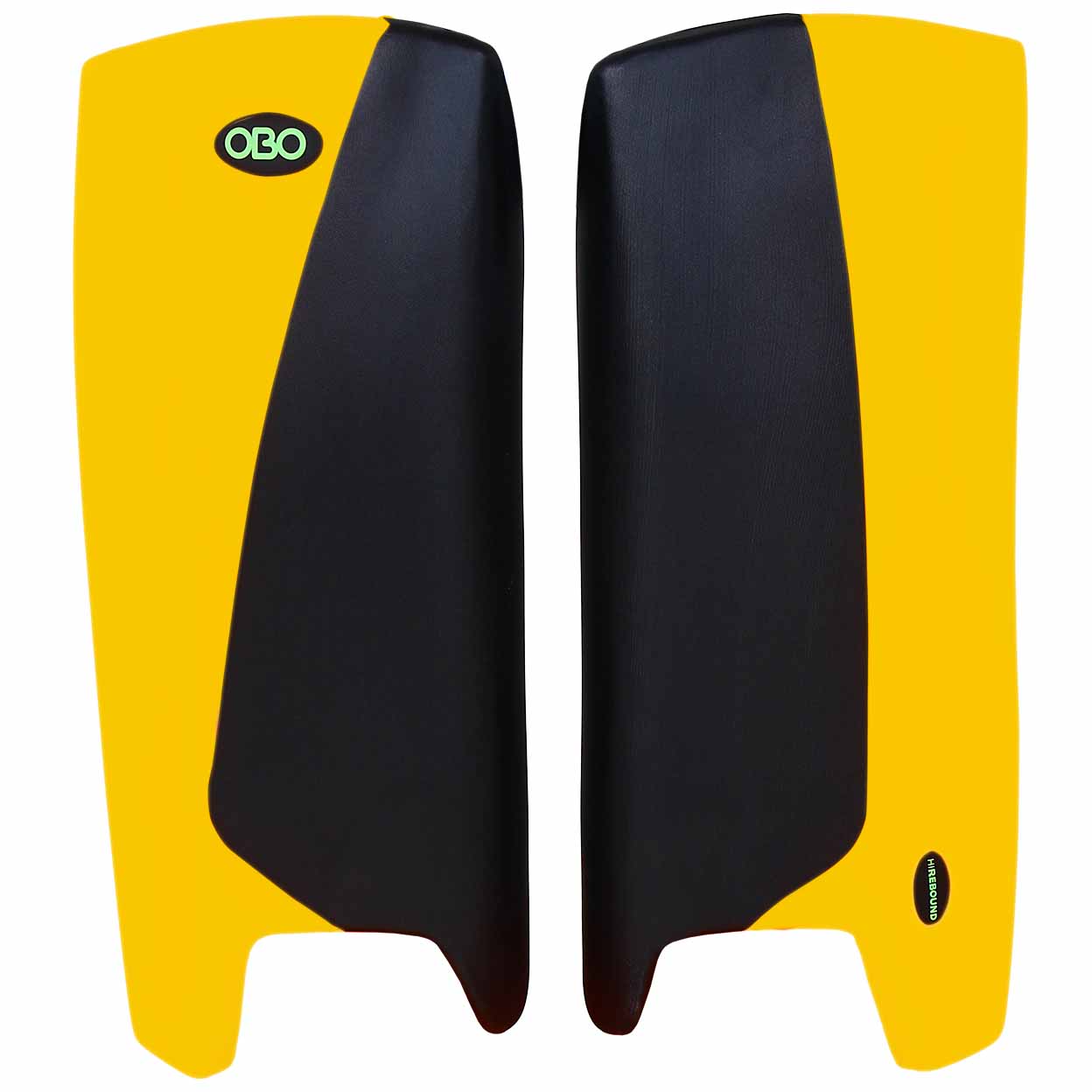 Pair of yellow and black leg guards with OBO logo on a white background
