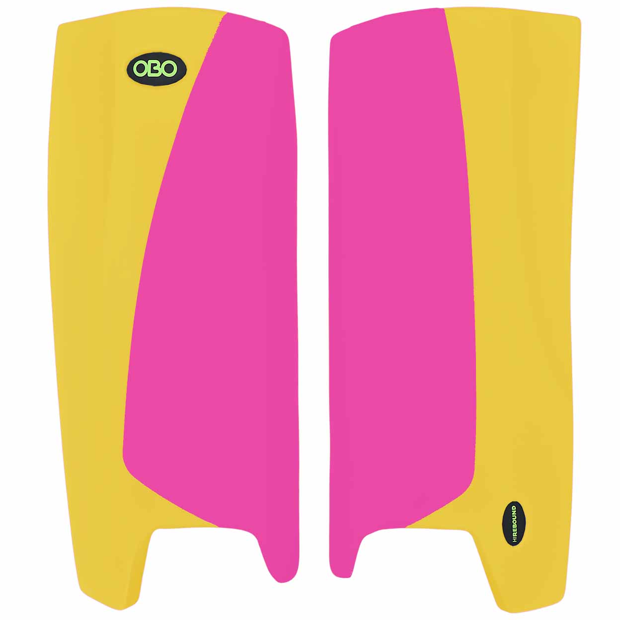 Pair of pink and yellow leg guards with OBO logo on a white background