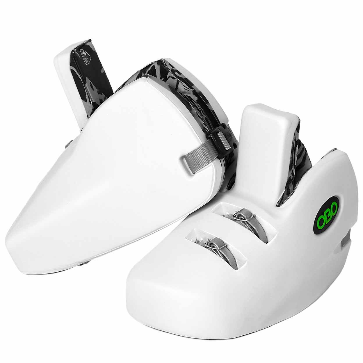 White protective gear with black accents on a white background