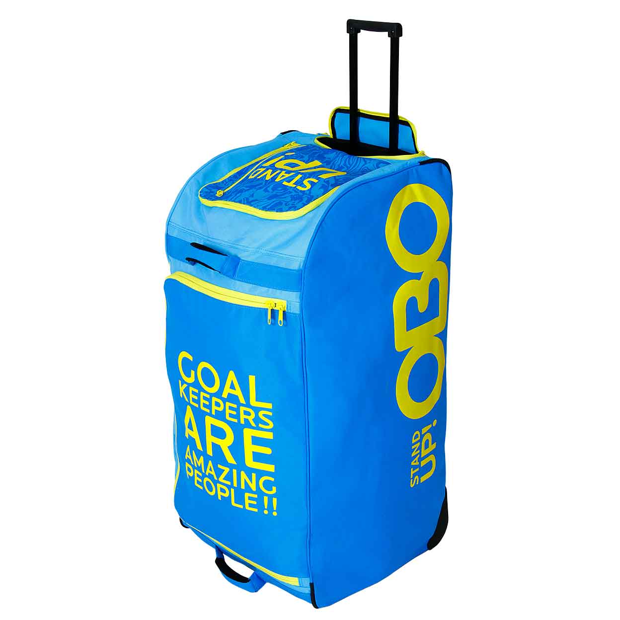 Blue OBO StandUp Wheelie Bag with handle extended.