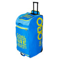 Blue OBO StandUp Wheelie Bag with handle extended.