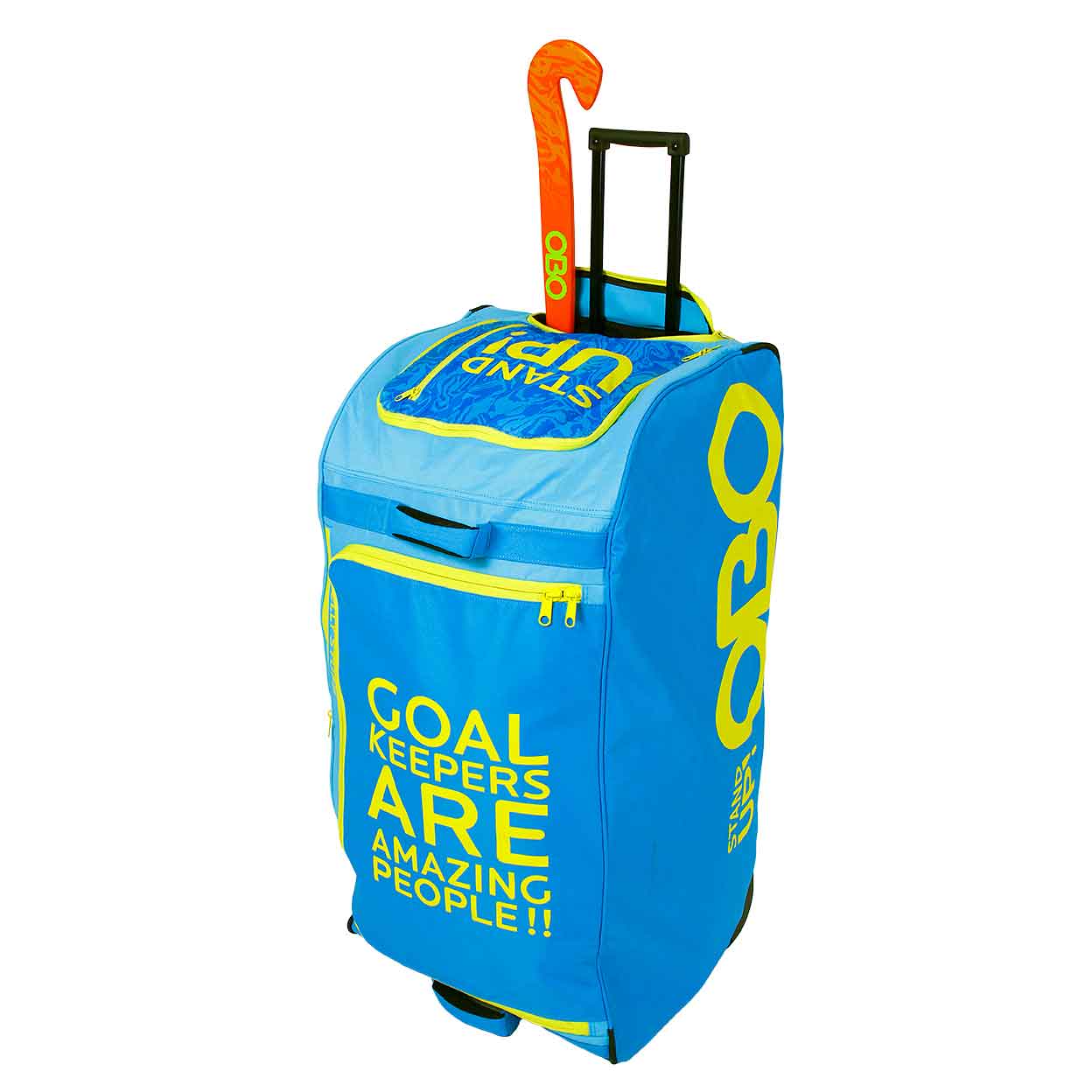 Front of the OBO StandUp Wheelie Bag says Goal Keepers are Amazing People.