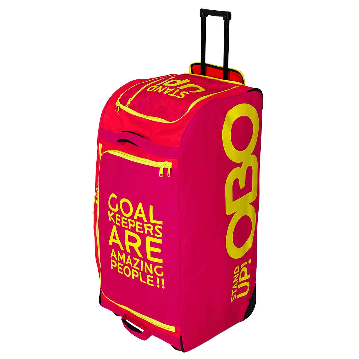 Pink OBO StandUp Wheelie Bag with handle extended