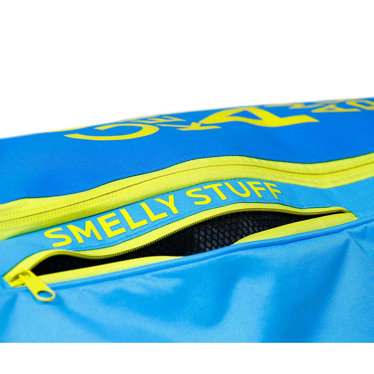 Close up of a pocket in the OBO StandUp Wheelie Bag that says Smelly Stuff.