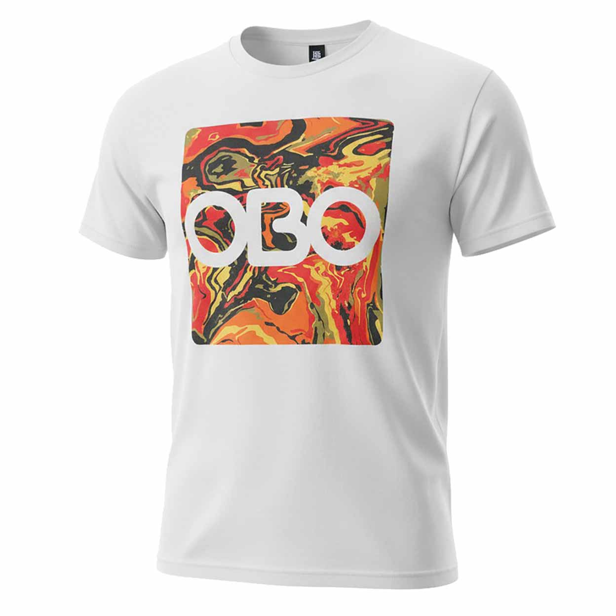 White t-shirt with colorful graphic design and 'OBO' logo on a white background